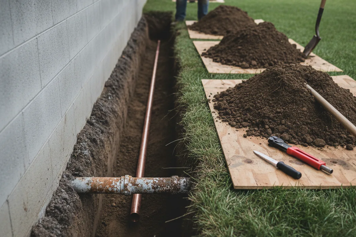 Excavated water line trench during Water Softener Installation in Santa Clara
